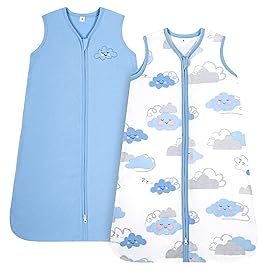 TILLYOU 2 Pack Infant Sleep Sack 0-6 Months 100% Cotton Wearable Blanket 0.5 TOG Sleeveless Summer Sleep Sacks with 2-Way Zipper, Small Cloud & Blue