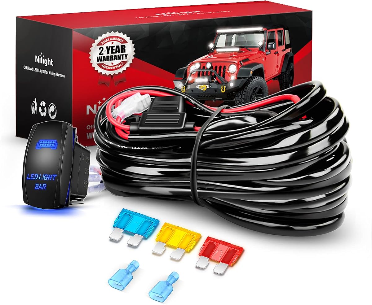 Kit de arnés de cableado de barra de luz LED Nilight 10014W 14AWG Heavy Duty 12V 5Pin Rocker Laser On Off Waterproof Switch Power Relay Blade Fuse-1 Lead, 2 años de garantía