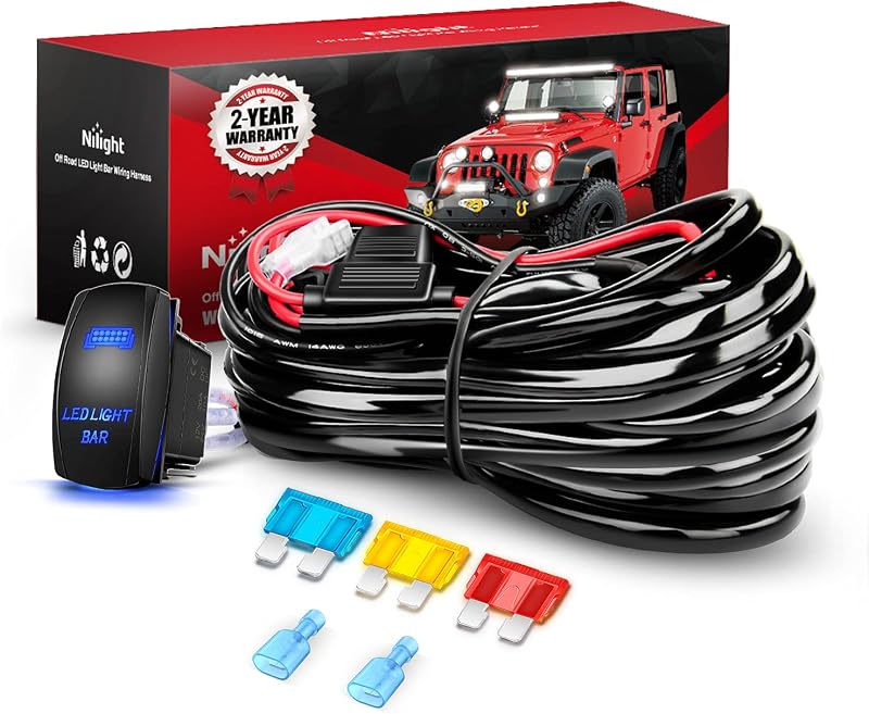 Kit de arnés de cableado de barra de luz LED Nilight 10014W 14AWG Heavy Duty 12V 5Pin Rocker Laser On Off Waterproof Switch Power Relay Blade Fuse-1 Lead, 2 años de garantía