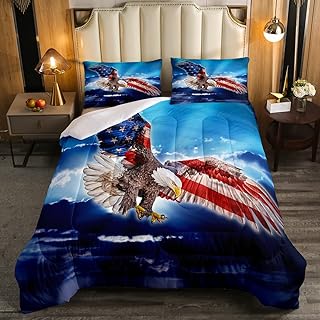 Bald Eagle Comforter Set American Flag Down Comforter for Kids Boys,Stars and Stripes America Animals Bedding Set United States Flag Wildlife Duvet Filler USA National Flag Bedroom Decor Queen