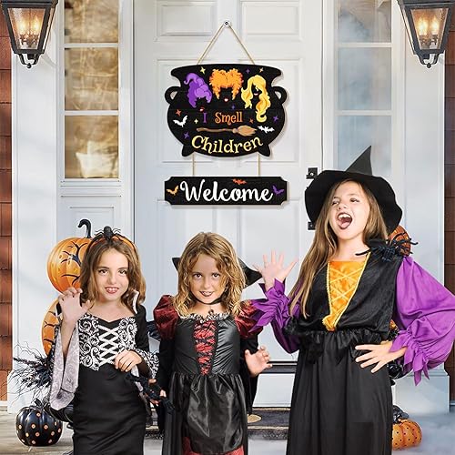 Miniatura 4 de Letrero colgante de Halloween con texto en inglés "I Smell Children para puerta delantera, ganchos de puerta de madera de bienvenida, corona para