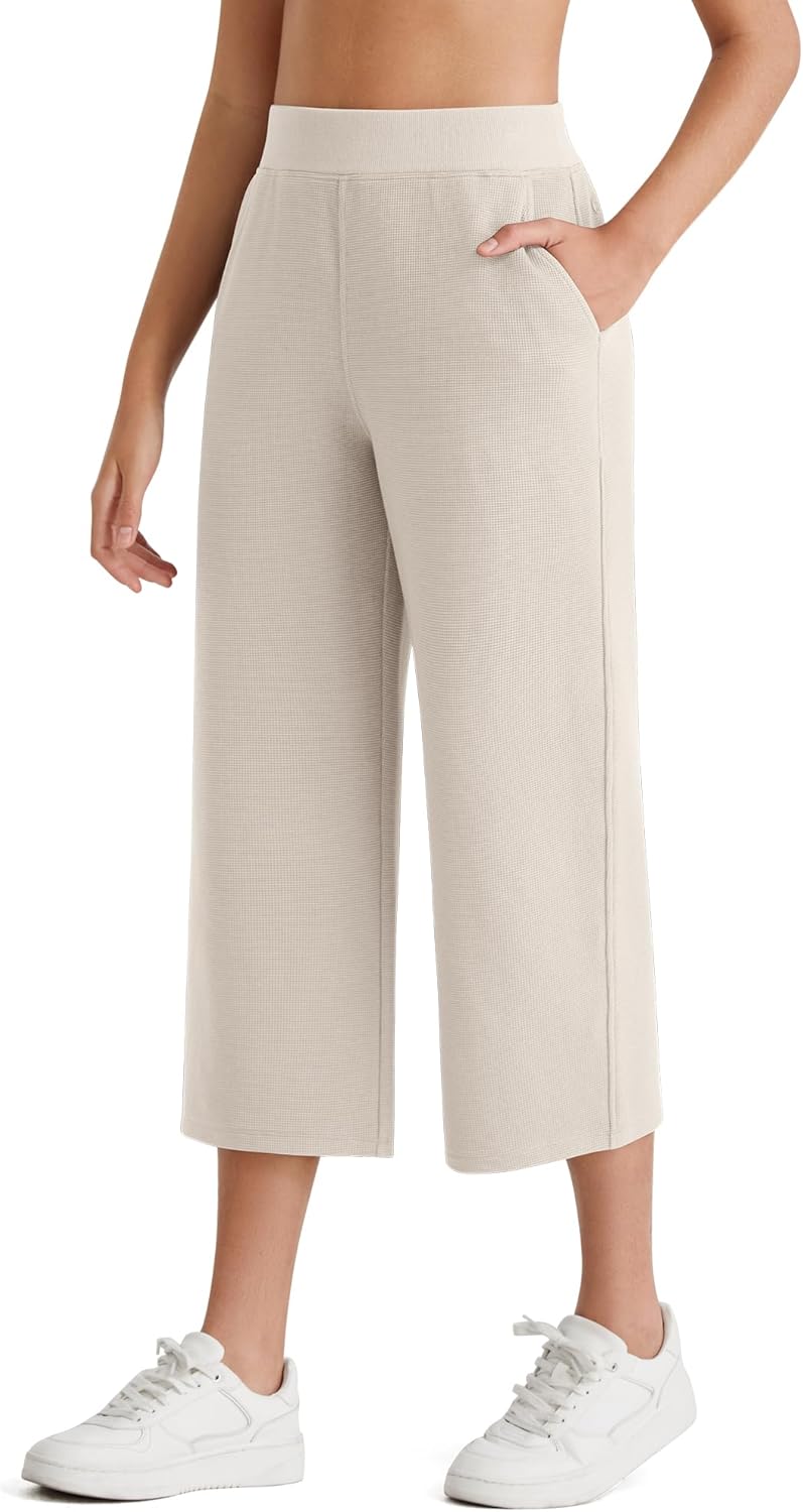 G4Free Waffle Wide Leg Cropped Yoga Pants for Women 18"/20"/22" - Capri Sweatpants Casual Travel