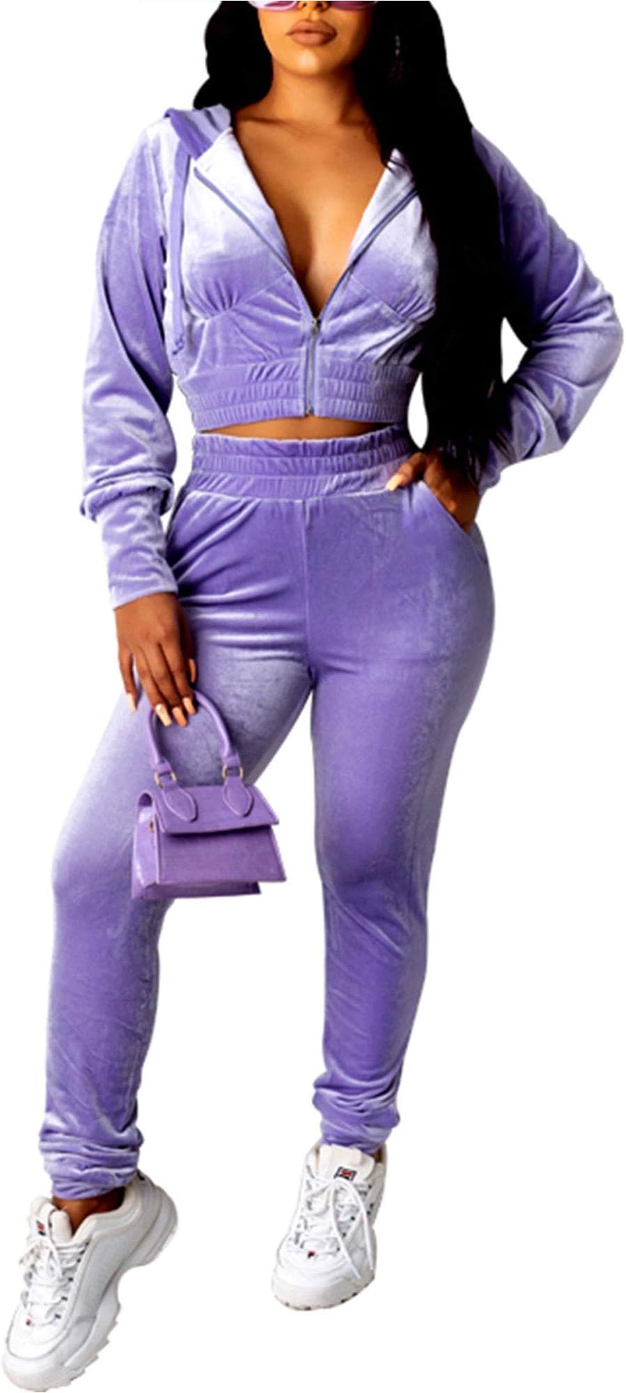 Women Casual 2 Piece Velour Sweatsuits Zipper Crop Hoodies Sports Trousers Velvet Tracksuit 2pcs Jogging Sets