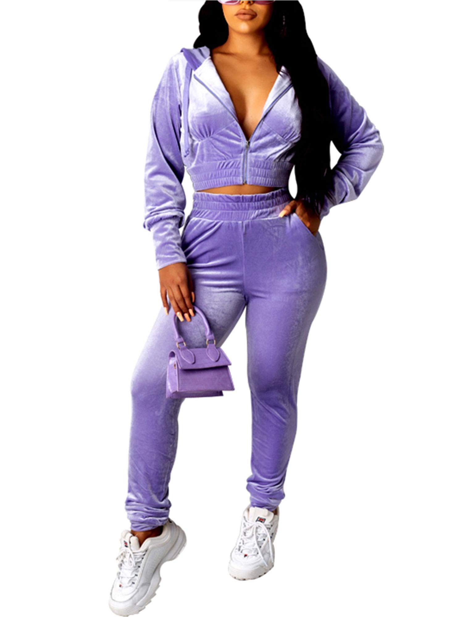 Women Casual 2 Piece Velour Sweatsuits Zipper Crop Hoodies Sports Trousers Velvet Tracksuit 2pcs Jogging Sets
