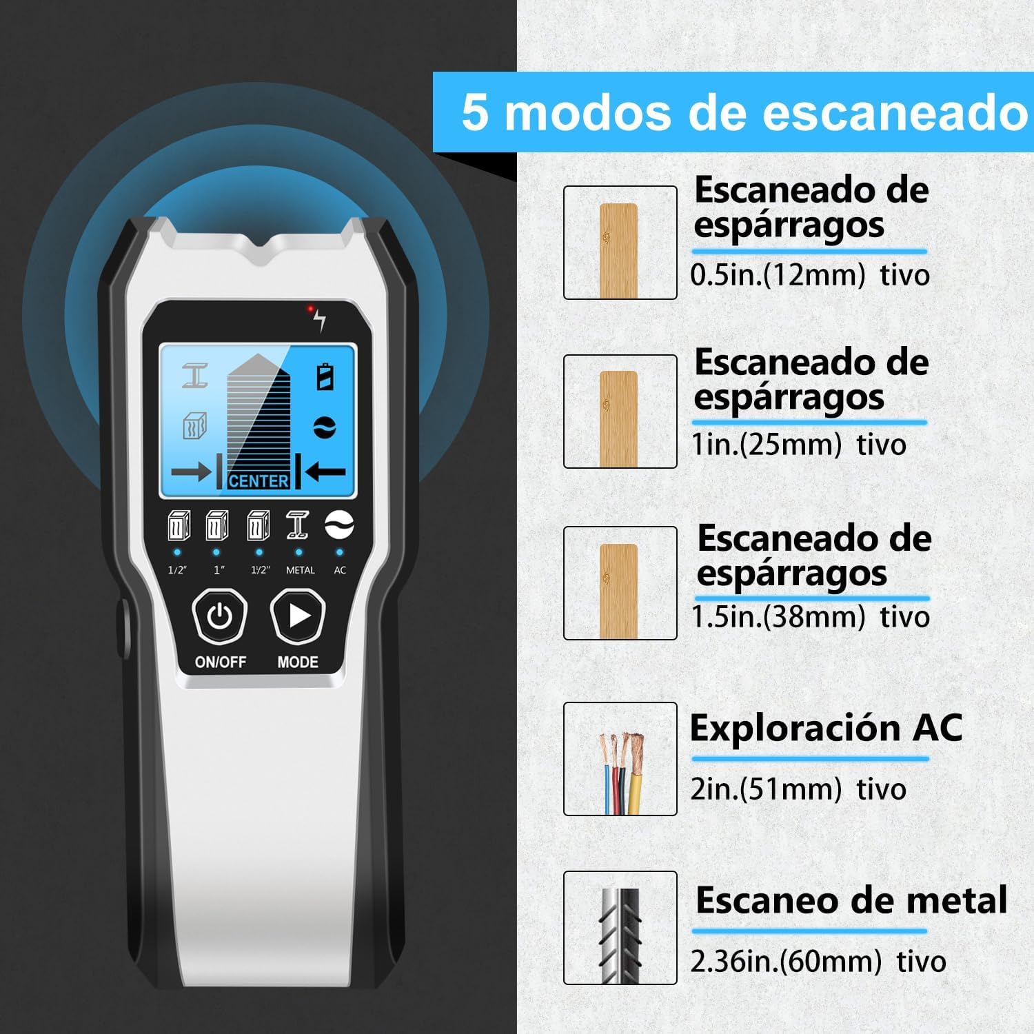 FOLAI Detector de Metales,5 in 1 Detector de Pared Digital y Gráfico,Herramientas Bricolaje,Detector de Metales,Detector Cables y tuberias,Escáner de Pared para Detectar Cables Bajo Tensión y Metales