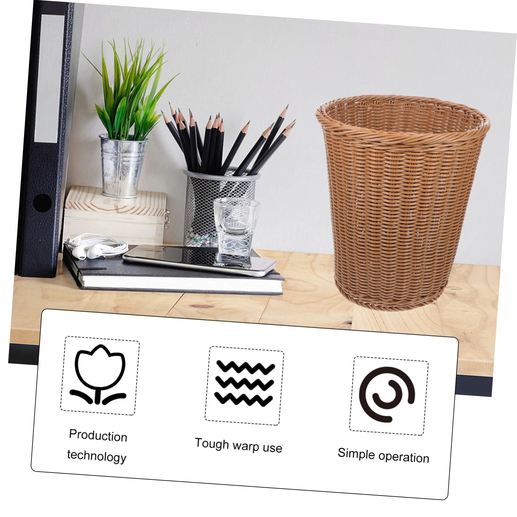 IMIKEYA Cestino per Rifiuti da Ufficio in Plastica Resistente Effetto Rattan, Design Raffinato senza Coperchio, Protezione Ambientale e Superficie Liscia