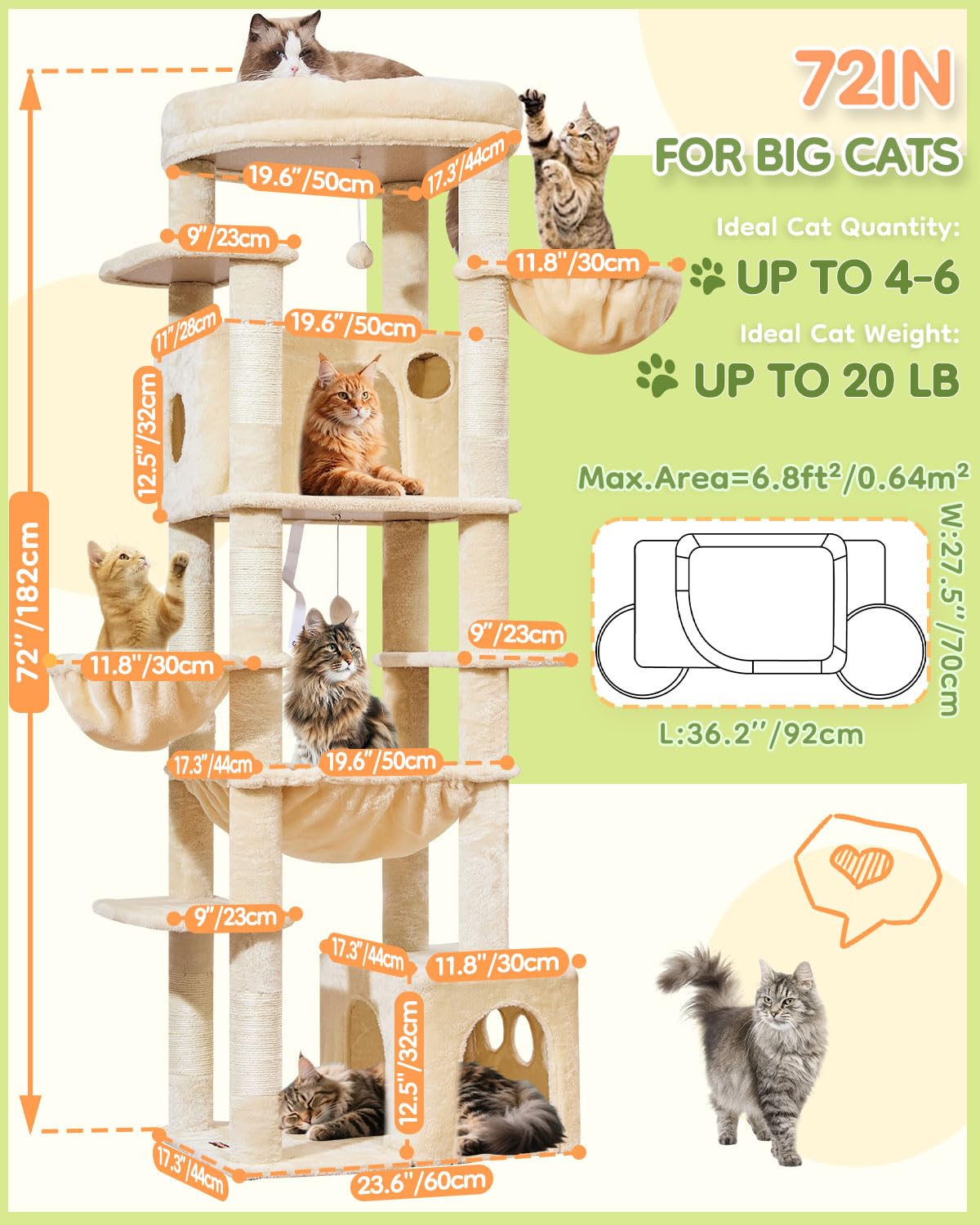 Taoqimiao Rascador para Gatos Grandes, 183cm Arbol Rascador para Gatos com 2 Espacioso Cuevas, 2 Cesta, 7 Poste de Sisal, Hamaca,F20M Beige