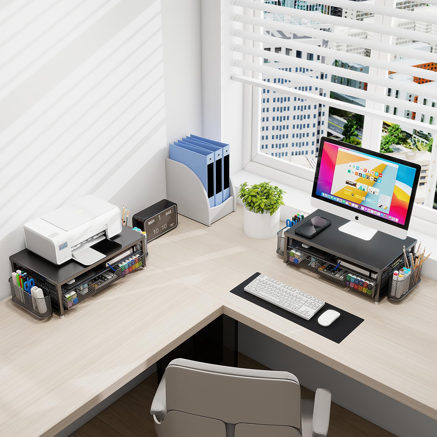 Supporto per monitor in metallo, per scrivania da ufficio con mensola, organizer per ufficio, organizer da scrivania con cassetto e portapenne, supporto per computer a 2 livelli, per iMac, PS4, PC