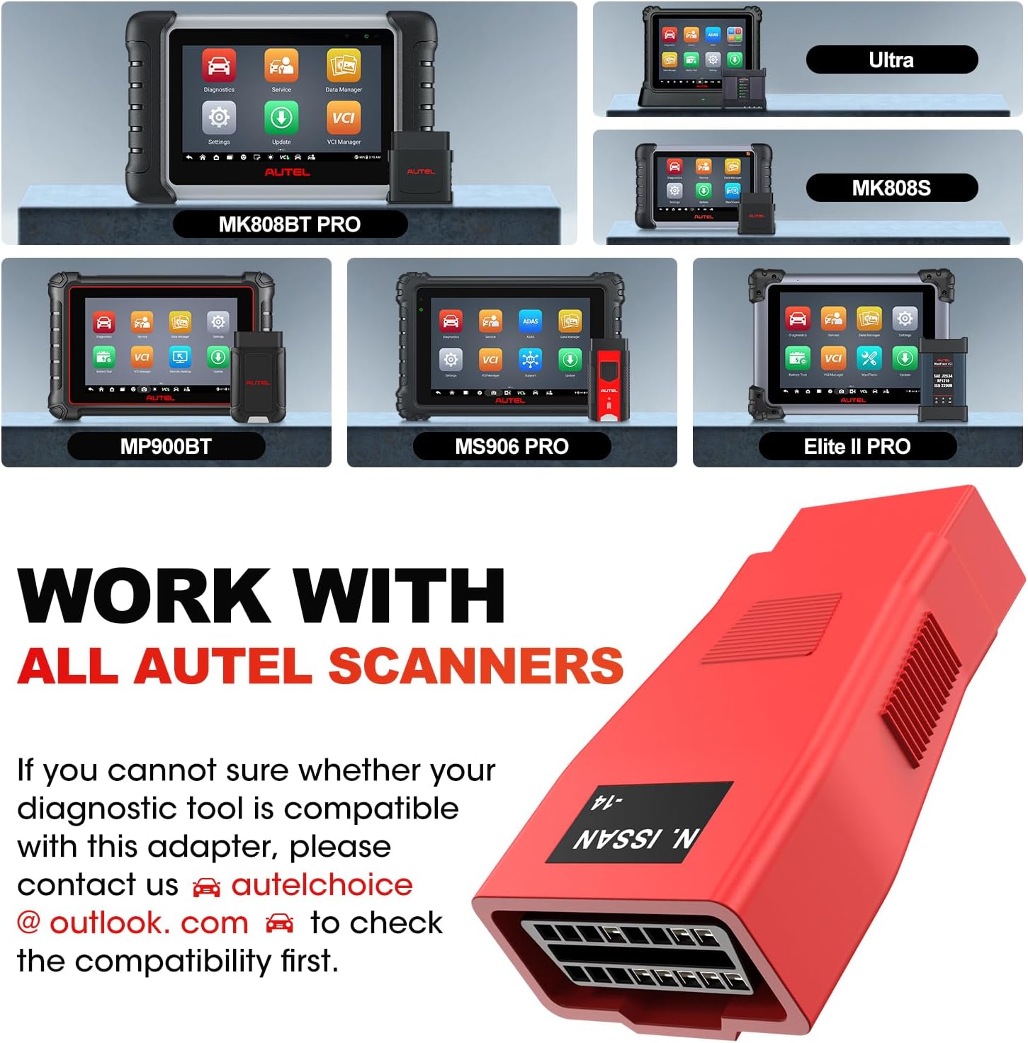 Autel Original OBD2 Female to 14pin Convert Adapter, OBD1 to OBD II Connector for Nissan, Work with Autel Scanner MK808S, MX808S, MK808BT PRO, MK900BT, MK900, MP900BT, Elite II PRO, MSUltra, Ultra S2