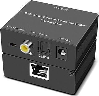 Digital Audio to Ca5e Adapter 150m/500ft =Dohmo= Optic Toslink or Coaxial Audio Extender Over Single Network Cable (Cat5 & RJ45) - 2pcs (Transmitter + Receiver)
