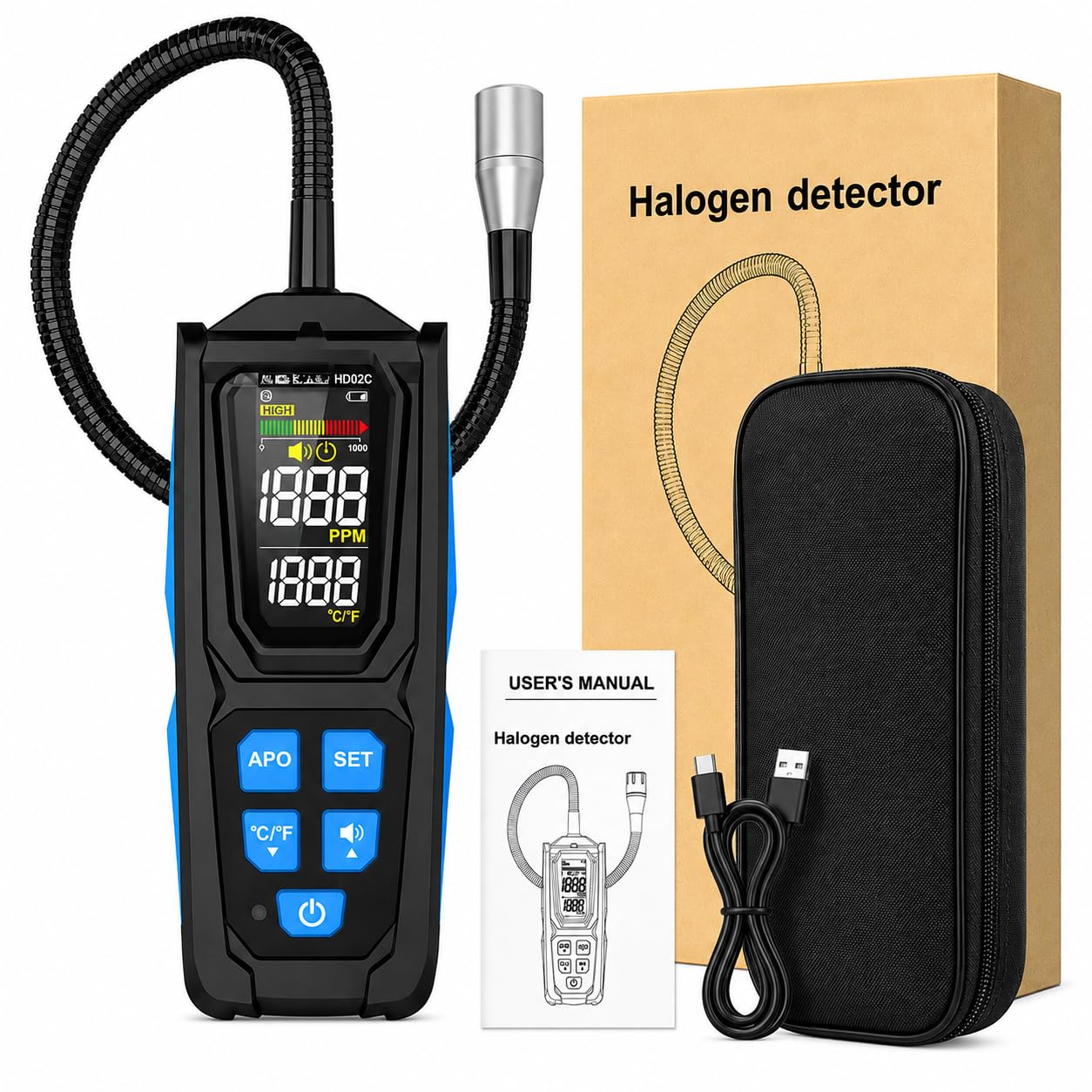 HD02C Detector de fugas de refrigerante multifuncional con pantalla digital, 0,5 g/año de sensibilidad para R22/R32/R134a, manguera flexible de 270 mm, alarma triple, °C/°F conmutable