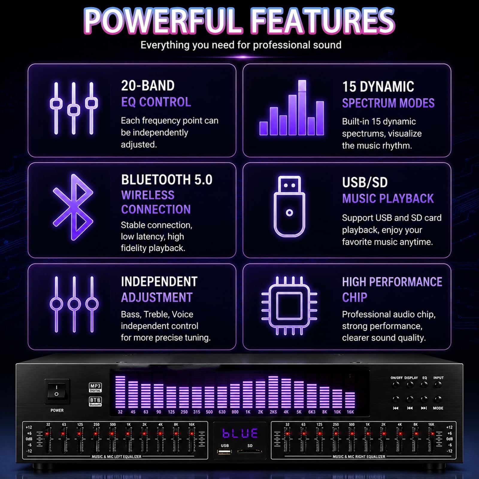 20-pasmowy Stereofoniczny Korektor Graficzny, Cyfrowy Przedwzmacniacz Procesora Audio Z Analizatorem Widma LED, System Dostrajania Korektora Dźwięku Domowego Audio Do Studia, Nagrywania I
