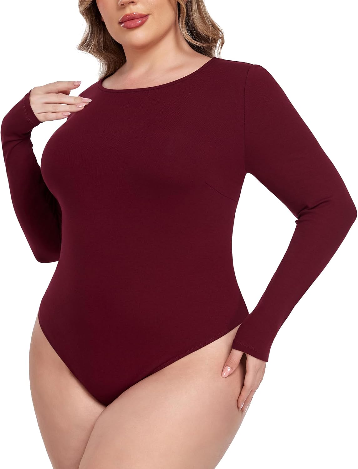COOTRY Plus Size Crew Neck Bodysuits for Women Long Sleeve Body Suit Basic Slim Fit Bodysuit Leotard Tops