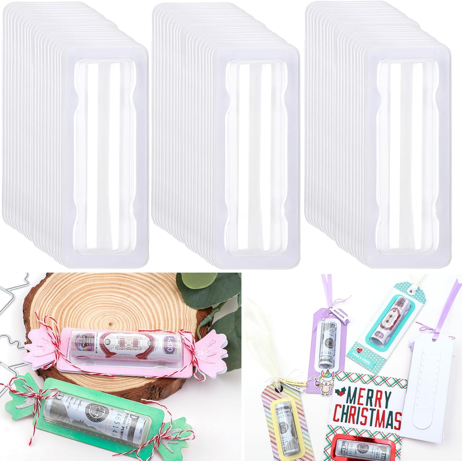 60Pcs Plastic Clear Rectangle Domes Self-Adhesive Lip Balm Pouches Money Holder for DIY Craft Gift Cards Christmas Waterproof Double-Sided Adhesive Domes Cover for Money Holder Ornament Decor (Large)