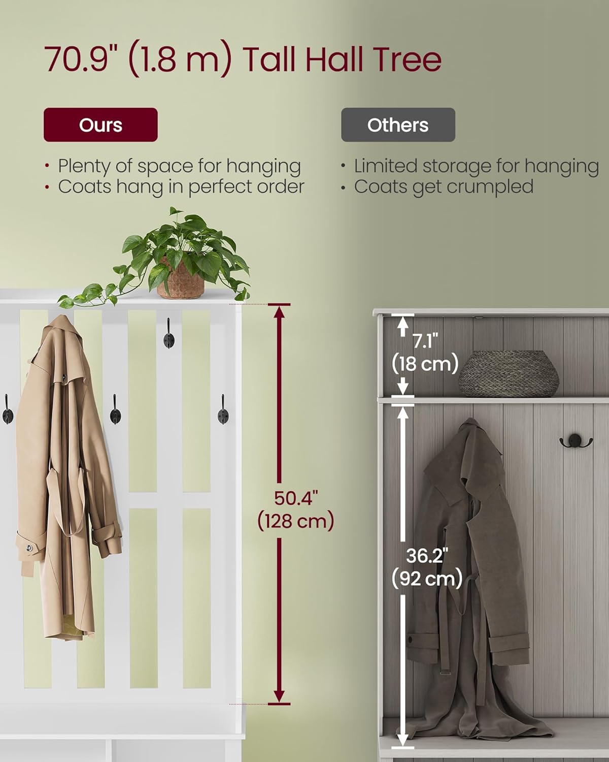 VASAGLE Hall Tree with Bench and Shoe Storage, Coat Rack with Shoe Bench, 7 Double Hooks for Jackets, Hats, Entryway, Bedroom, Living Room, 13.8 x 31.9 x 70.9 Inches, Matte White UHSR414WB01S