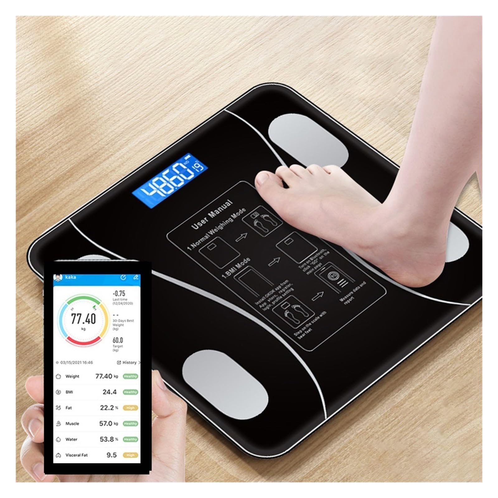 Échelle De Graisse Corporelle Intelligente Bluetooth Balance Corporelle Numérique Avec Écran LCD Pesage Électronique Outils D'analyseur De Composition IMC(Black Bluetooth)
