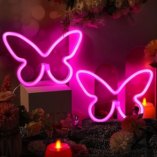 Riakrum 2 letreros de neón de mariposa con luces LED, funciona con pilas, funciona con USB, funciona con USB, decoración de pared de mariposa para