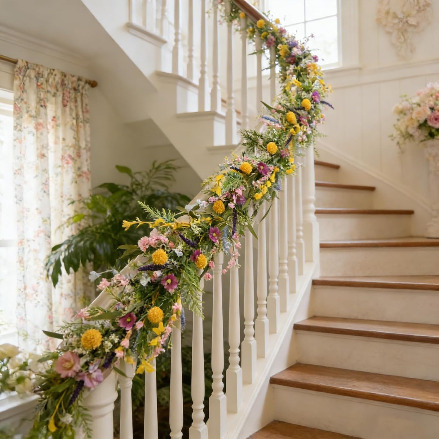 70-Inch Spring Summer Flower Garland for Mantle, Floral Garland with Colorful Wildflowers, Forsythia & Lavender Flowers for Decor, All Year Round Artificial Flower Garlands for Home Decor