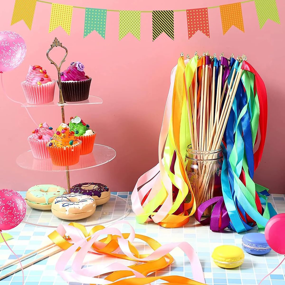 100 Pack Ribbon Streamers Wedding Lace Ribbon with Bells Decorative Fairy Stick Party Streamers for Celebrations, Holiday, Activities (Rainbow)