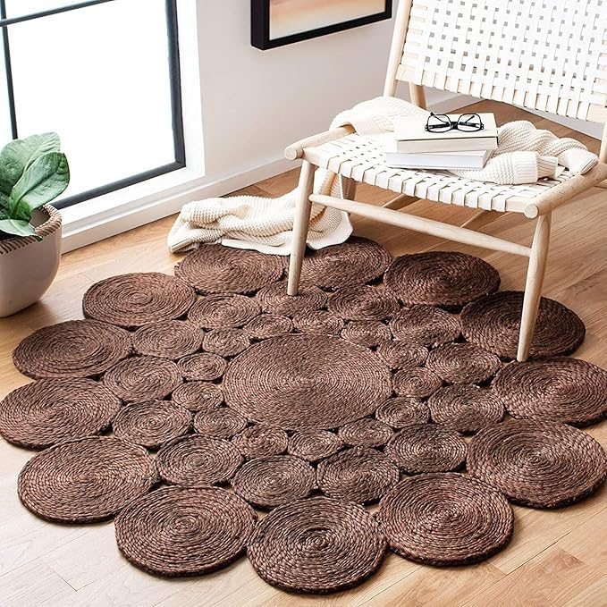 Handgefertigte Blumenform reine Jute Bodenfläche Teppich für Wohnzimmer Jute Runde Bodenmatte Teppiche für Wohnzimmer Jute Mitteltisch Teppich (180cm x 180cm)