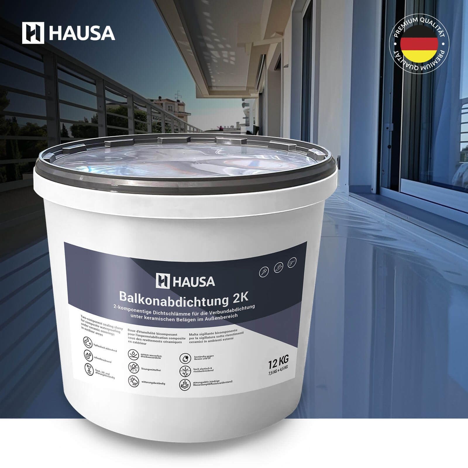 Hausa Balkonabdichtung 2K, 12kg flexible Dichtschlämme zur Abdichtung von Balkon, Terrasse, Bad, Dusche, Keller, Fundamente; Dichtungsmasse für Außenbereich, frost-, UV- und alterungsbeständig