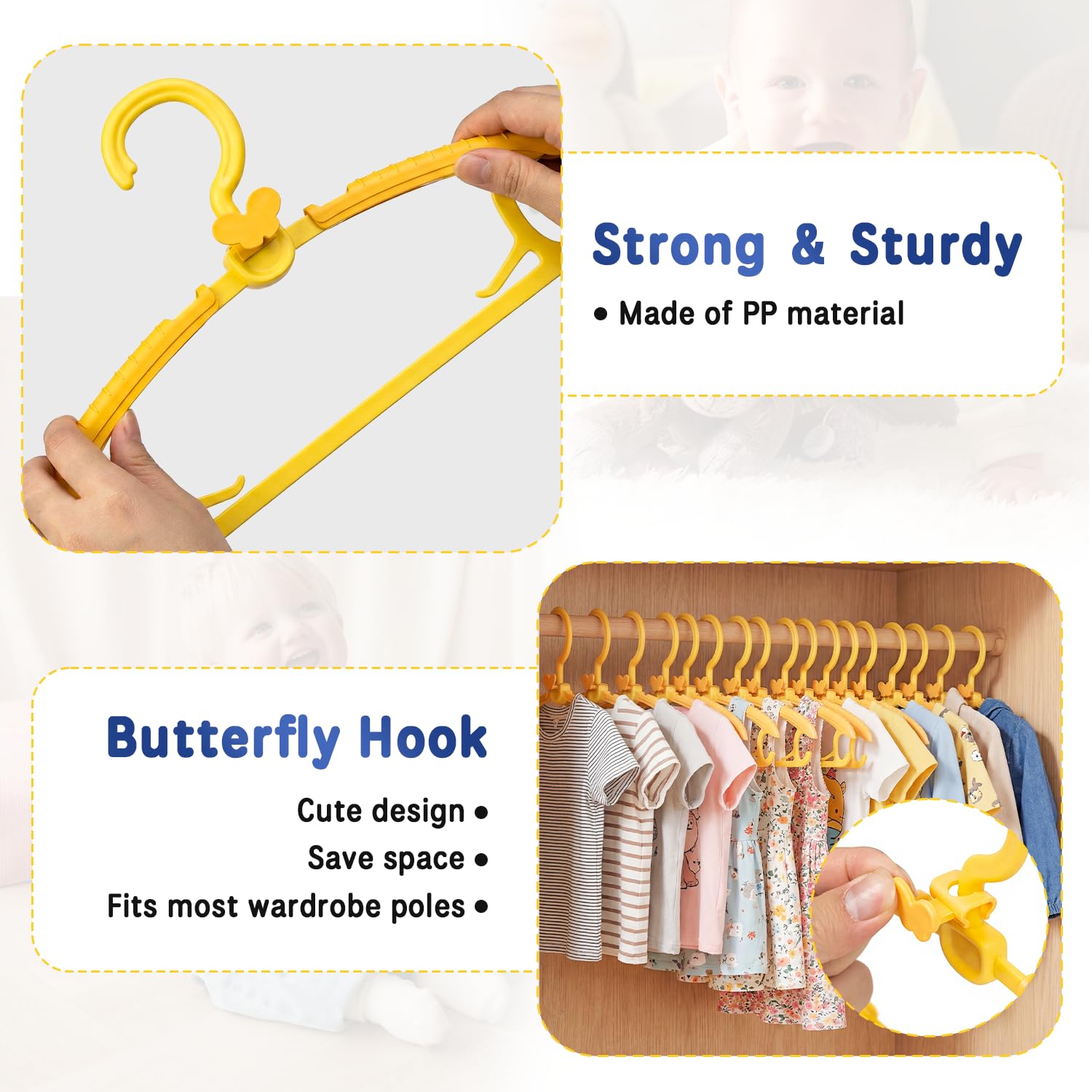 Damita Grucce appendiabiti per Neonato e Bambini – Ganci in Plastica Regolabili da 28 a 39 cm, Antiscivolo e Salvaspazio per Cameretta, con Ganci a farfalla – Giallo Sole (Confezione da 20 pezzi)