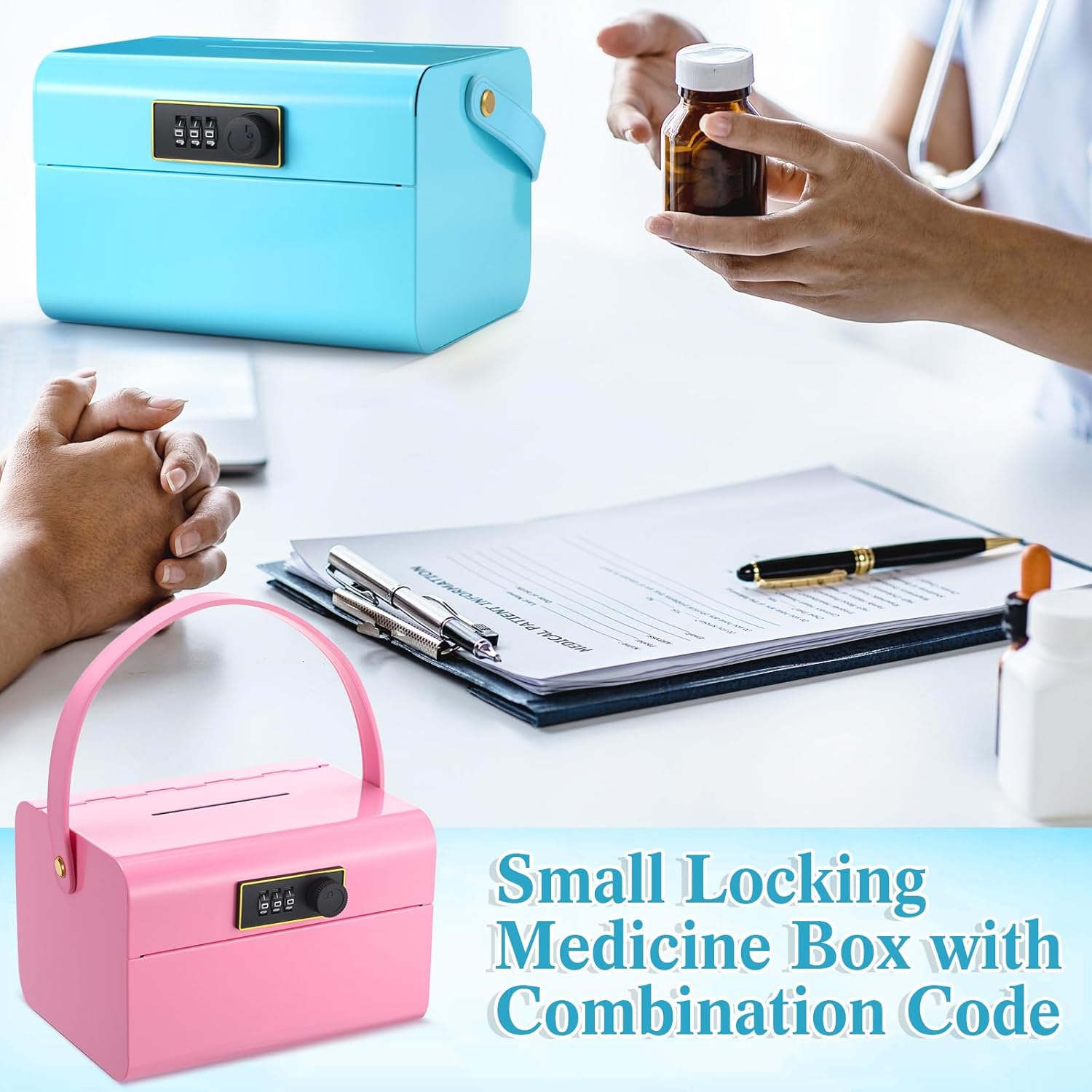 Honeydak 2 Pcs Locked Medicine Box Lockable Storage Box with Code Medication Lockbox for First Aid Kits, Snack Personal Items Home Office Organization Travel Gift (Pink and Blue)