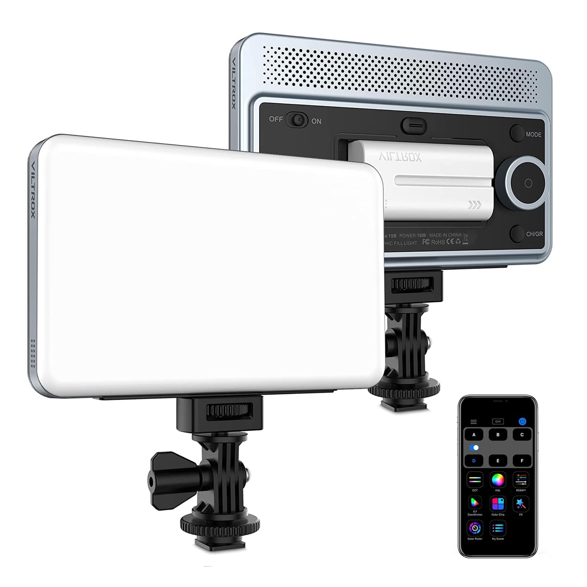 VILTROX Panel LED de 18 W 2800 K-6800 K CRI 95+ en la cámara, luz de video LED de control de smartphone de 1800 lúmenes, lámpara de relleno de fotografía regulable, 10 efectos de iluminación para
