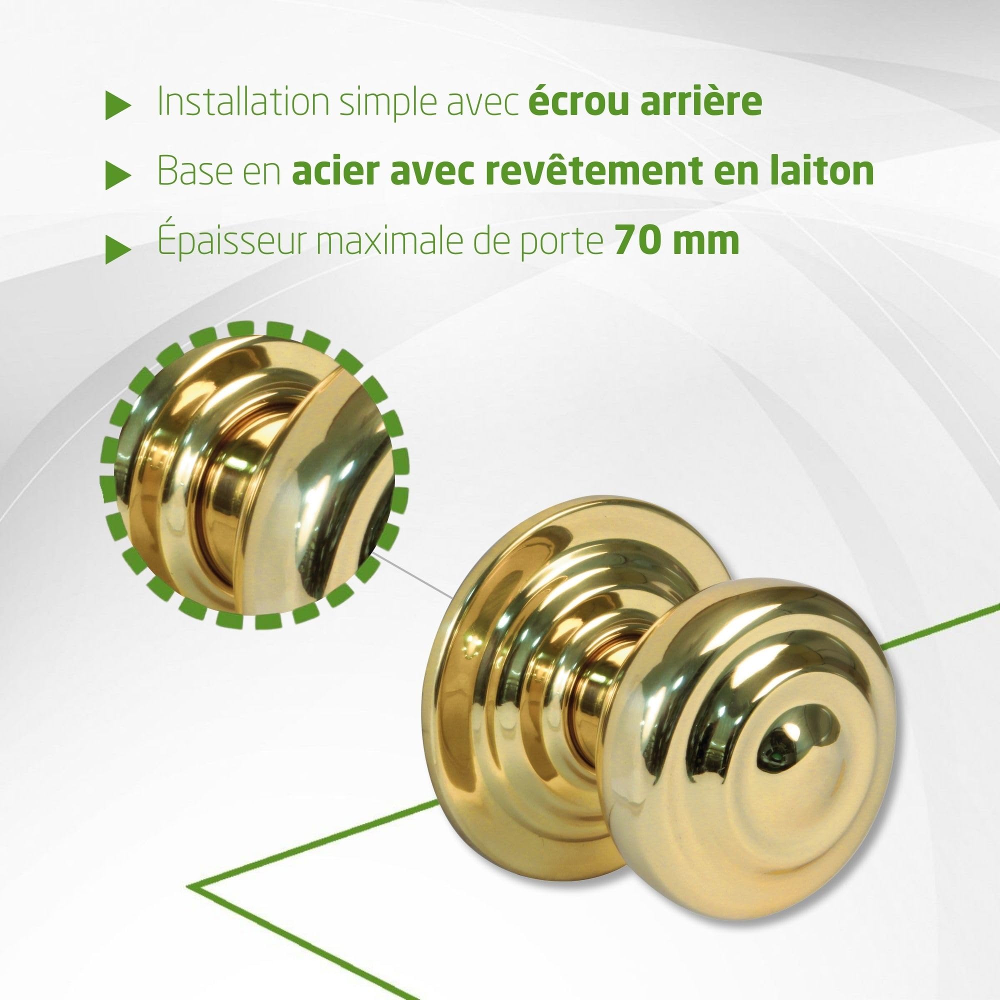 Amig - Bouton Rond pour Portes Extérieures d'Entrée - Poignée pour Porte Principale de la Maison - Diamètre de la Poignée Ø70 mm - Laiton - Doré - Comprend Vis et Écrou de Fixation