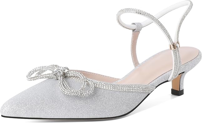 Eldof Womens Rhinestone Bow Heels Sparkly Ankle Strap Closed Pointed Toe Kitten Low Heel Pumps 1.5 Inches