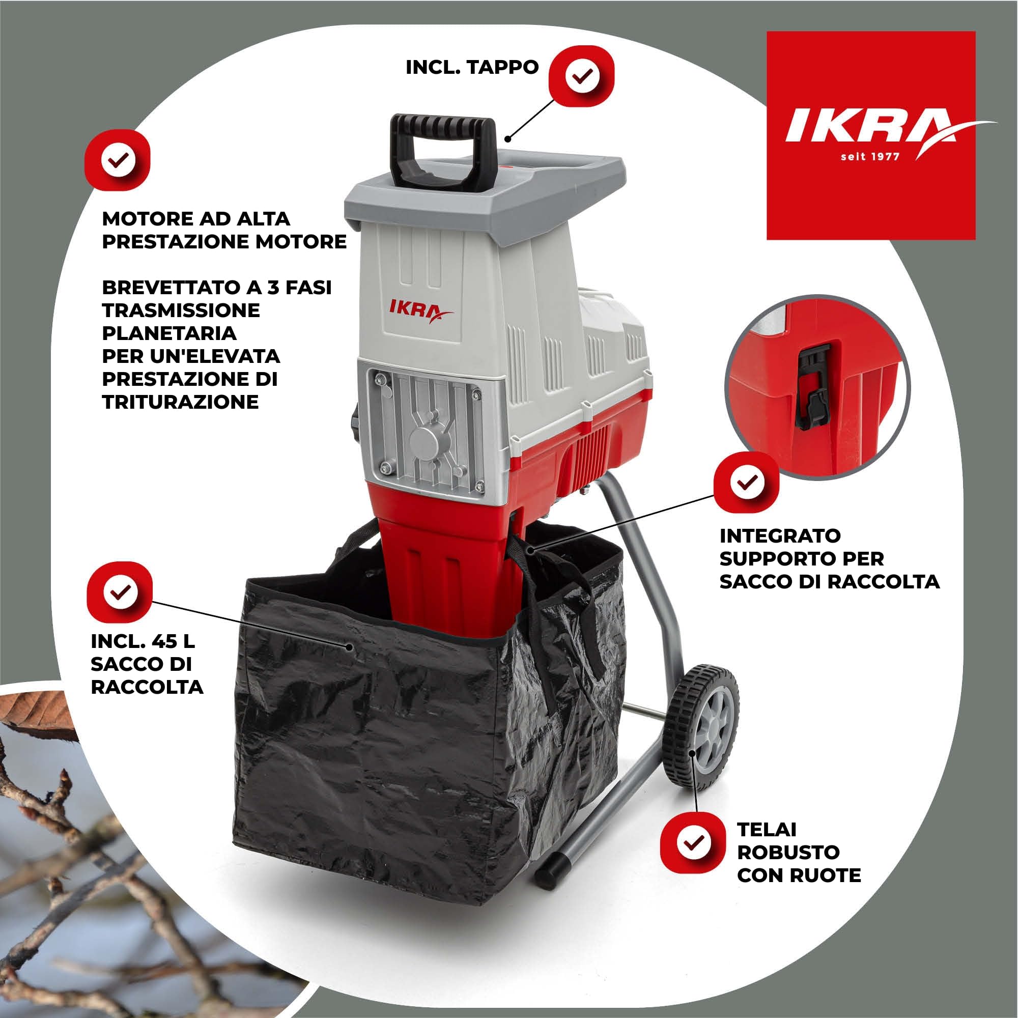 IKRA biotrituratore elettrica ILH 3000 S, 3000 W, 44 mm, sacco 45 L