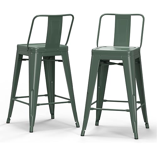 SIMPLIHOME Rayne Counter Stools (Set of 2) - 24 Inch Seat Height Metal Kitchen Seats in Deep Sage Green, Industrial Seating for Dining Room or Kitchen with Curved Backrest and Footrest