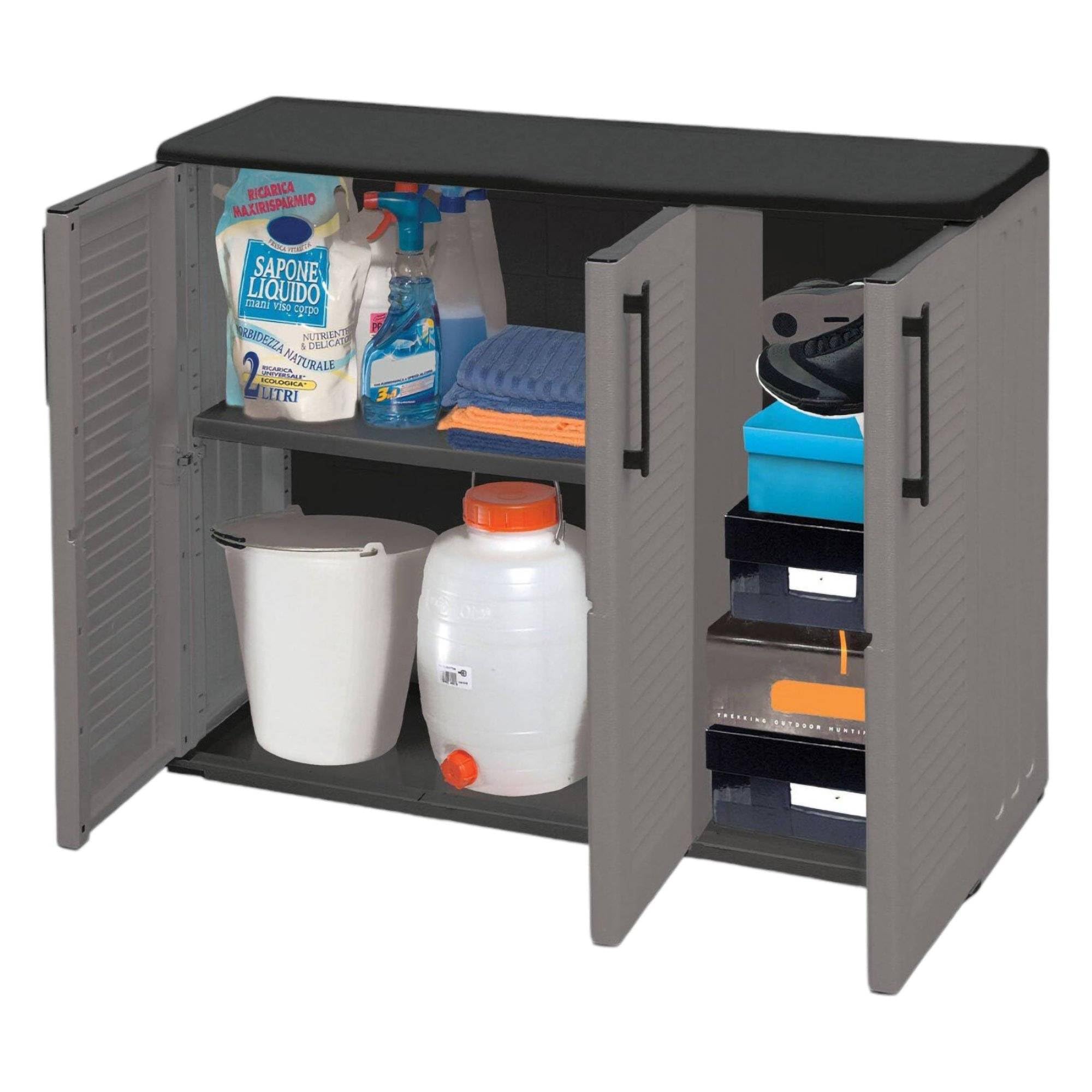 Dmora - Armadio da esterno Gesves, Mobile balcone multiuso, Armadietto outdoor 3 ante, 100% Made in Italy, 102x37h84 cm, Grigio e Nero, Finitura righe