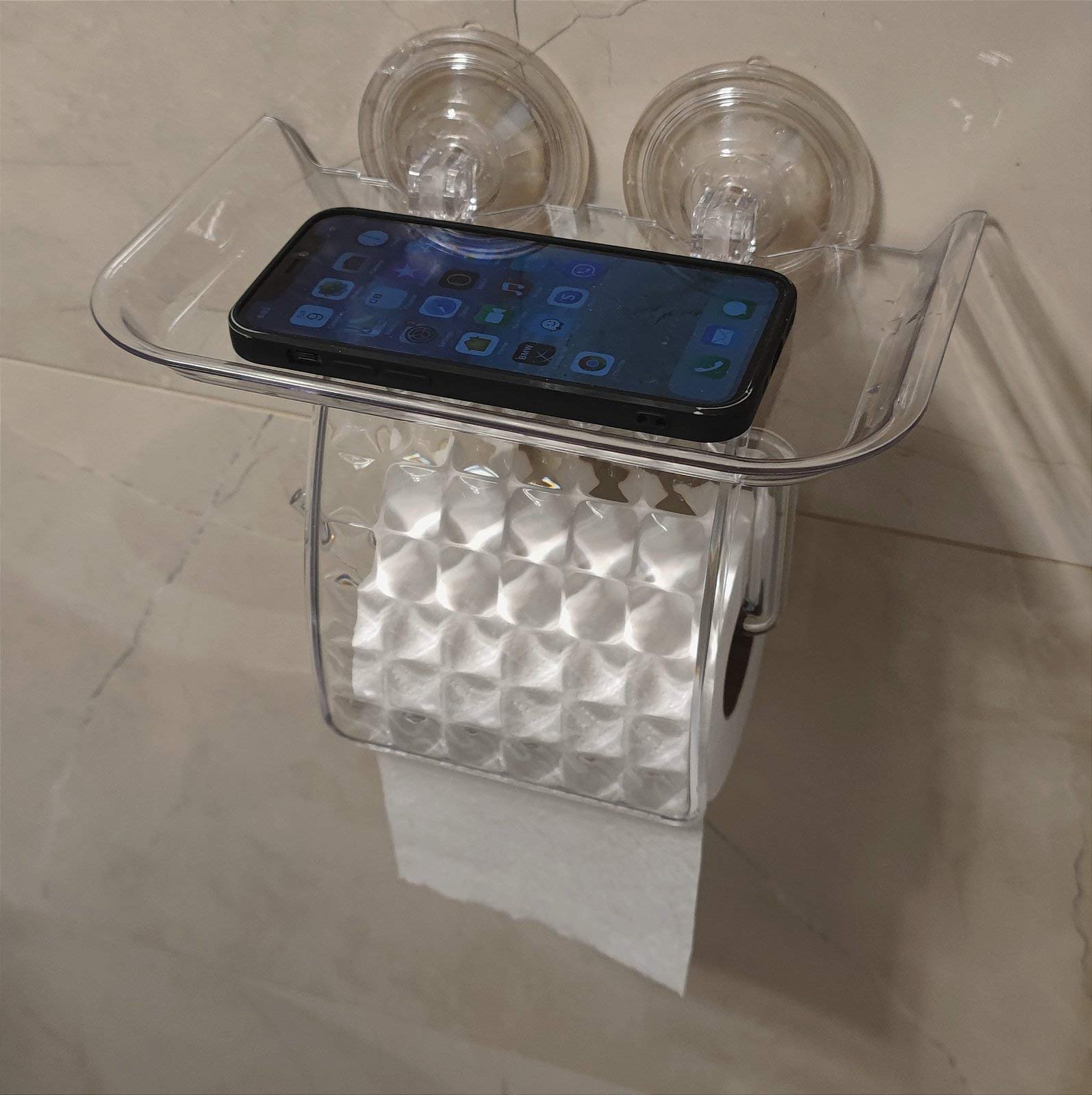 Suction Cup Power Lock Toilet Paper Dispenser and Phone Gadget Holder Tray for Bathroom