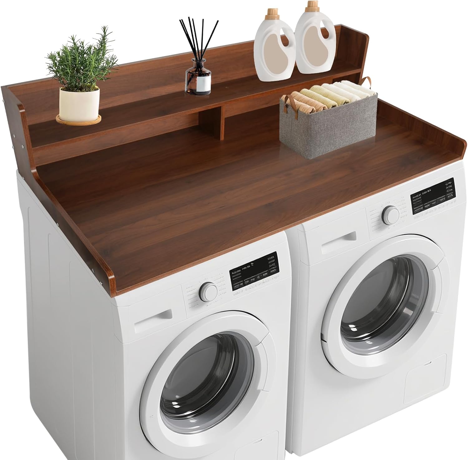 2-Tier Washer and Dryer Countertop,54" W x 27.5" D Wooden Laundry Countertop Cover with Non-Slip Pads, Large Space Laundry Topper with Edge Rails, Laundry Room Organization, Dark Walnut Dark Walnut 2 Tier
