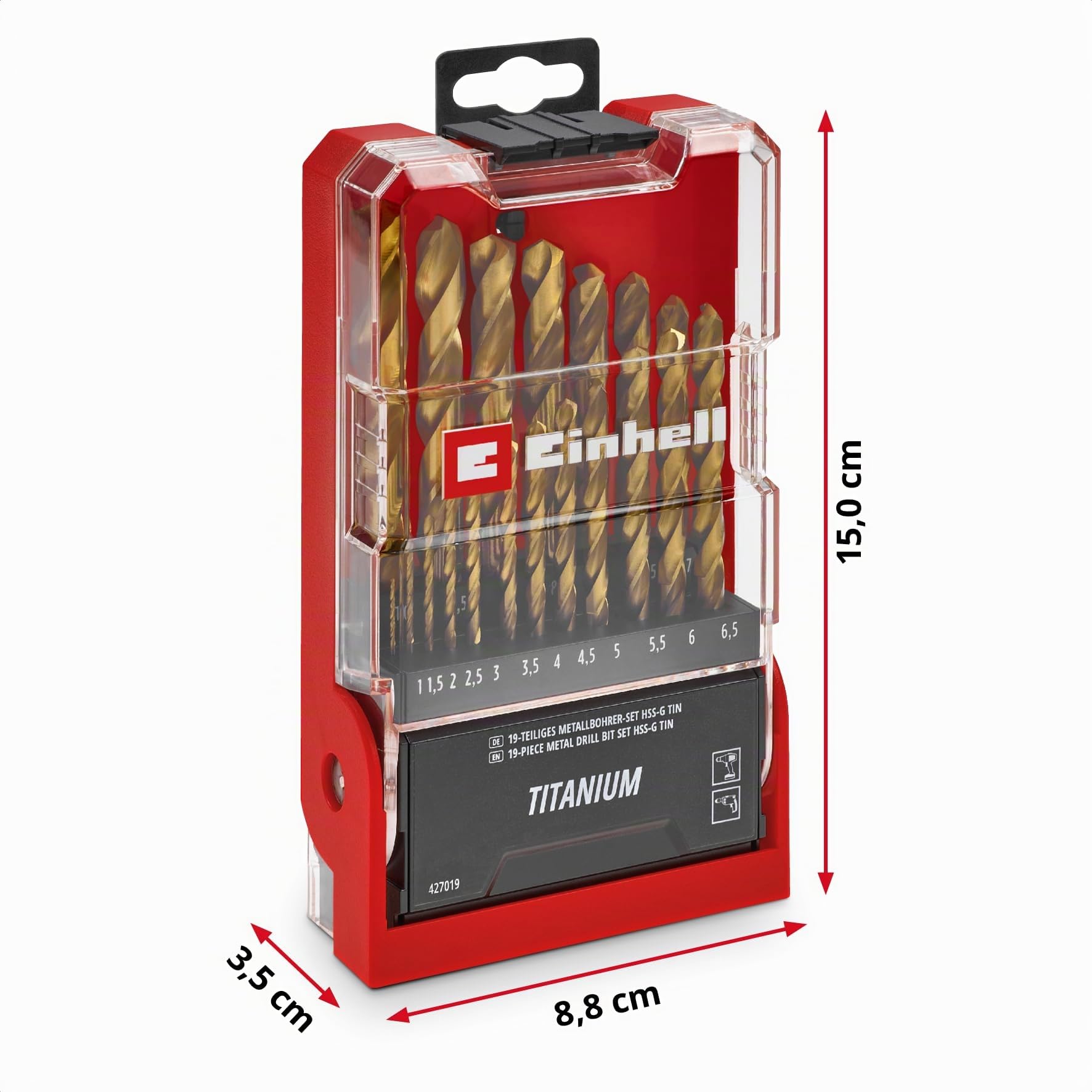 Einhell 19 pièces jeu de forets métal HSS-G TiN, Ø 1–10 mm | Acier HSS | revêtement nitrure de titane | pointe Split Point 135° | spirale N fraisée | queue cylindrique | coffret incl.