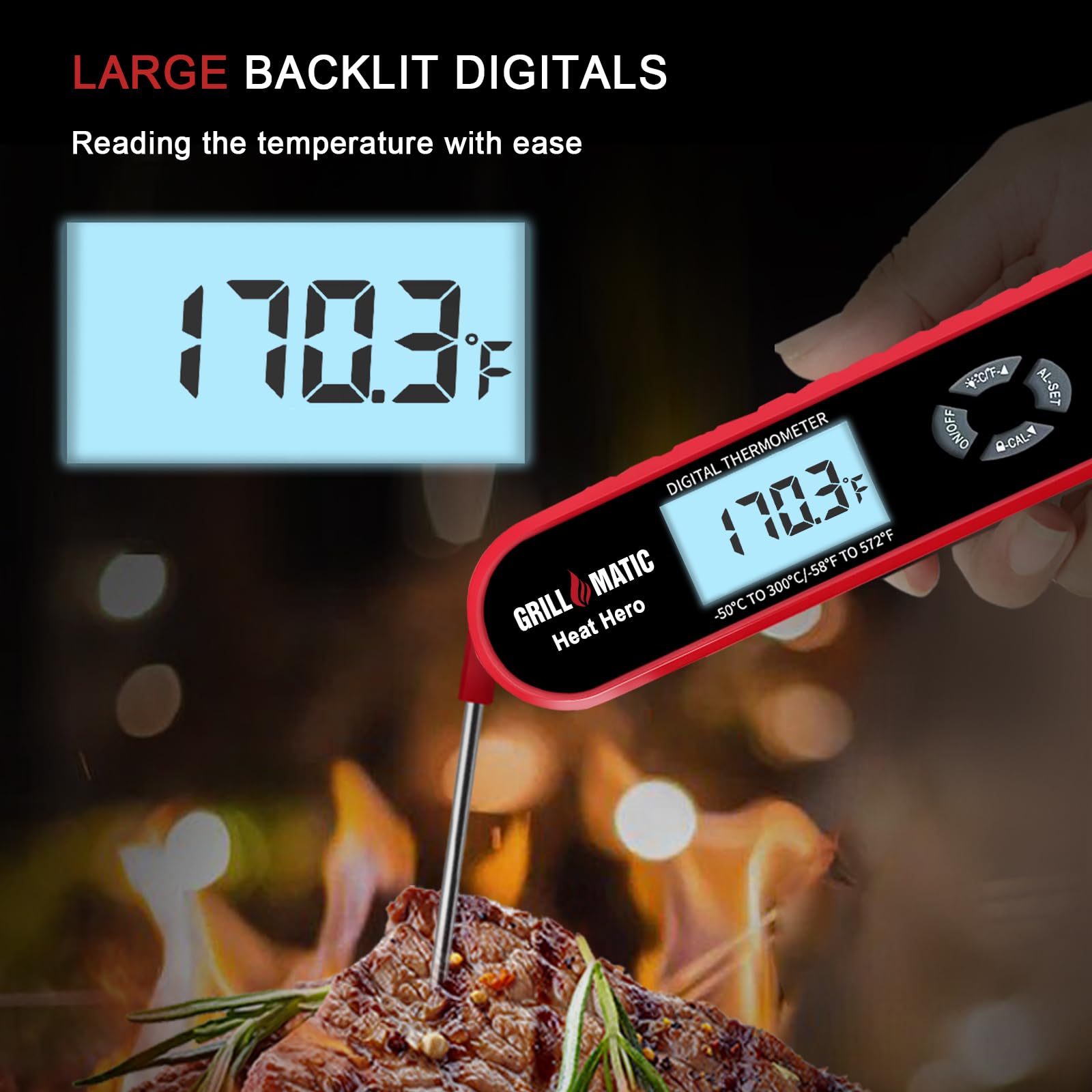 Heat Hero - Termómetro digital de lectura instantánea para cocinar y hornear con luz de fondo, función de sujeción e imán para cocina, carne de res, parrilla, barbacoa, dulces y pavo