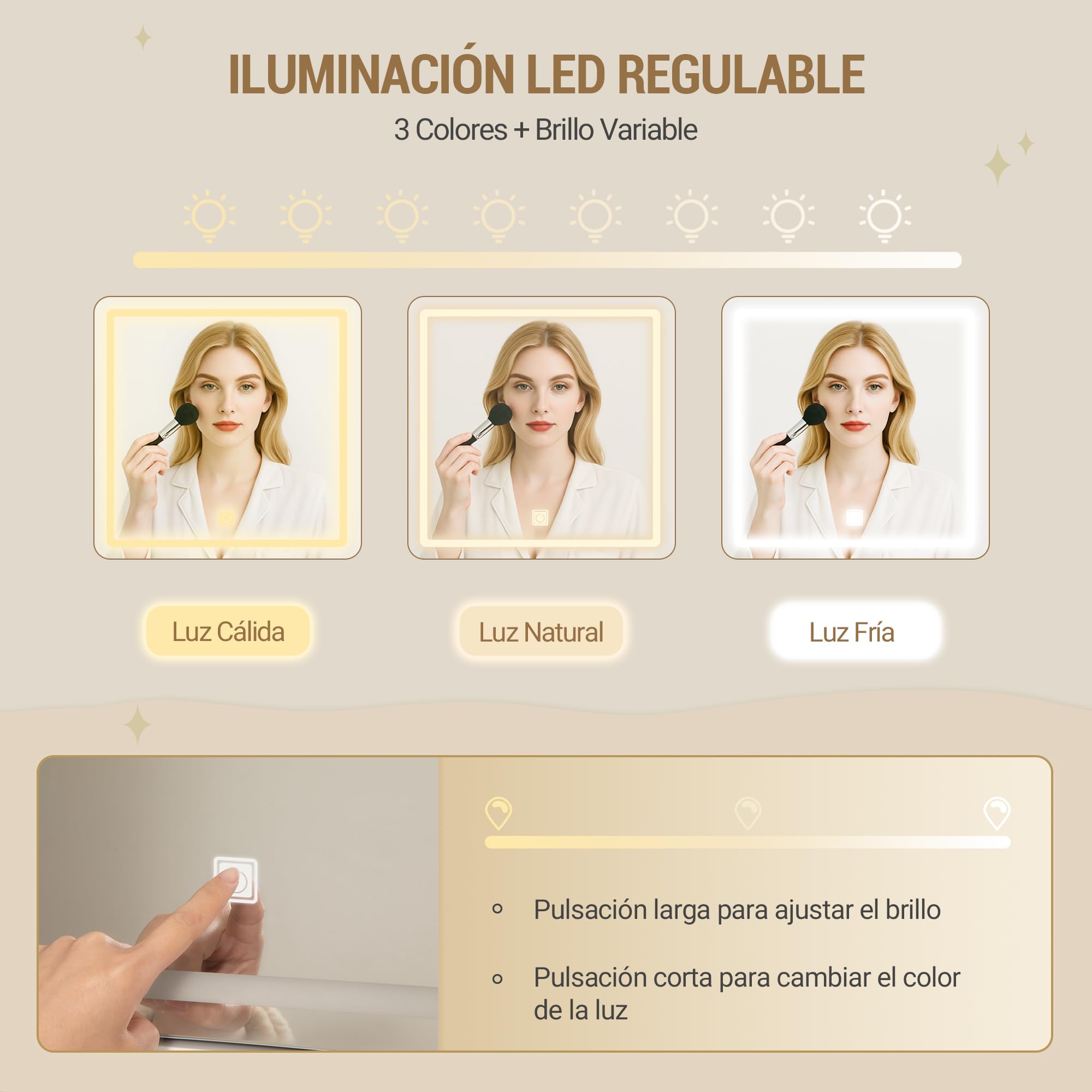 Tocador Grande con Iluminación LED, 3 Colores, Brillo Ajustable, Mesa de Maquillaje con Espejo, 9 Cajones, Estilo Moderno, Blanca-Plata