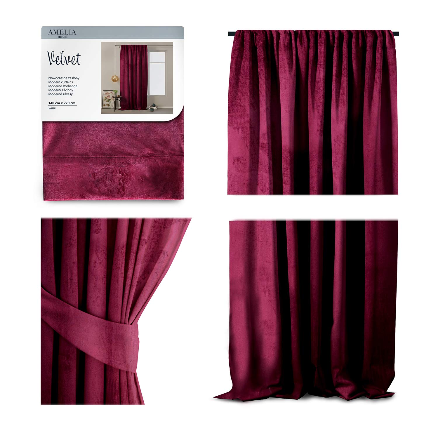 AmeliaHome Velvet Look Curtain 140 x 270 cm Wine Red Ruffle Tape Curtain, Velvet Blackout Curtain, Window Decoration, Light Shimmering Decorative Curtain