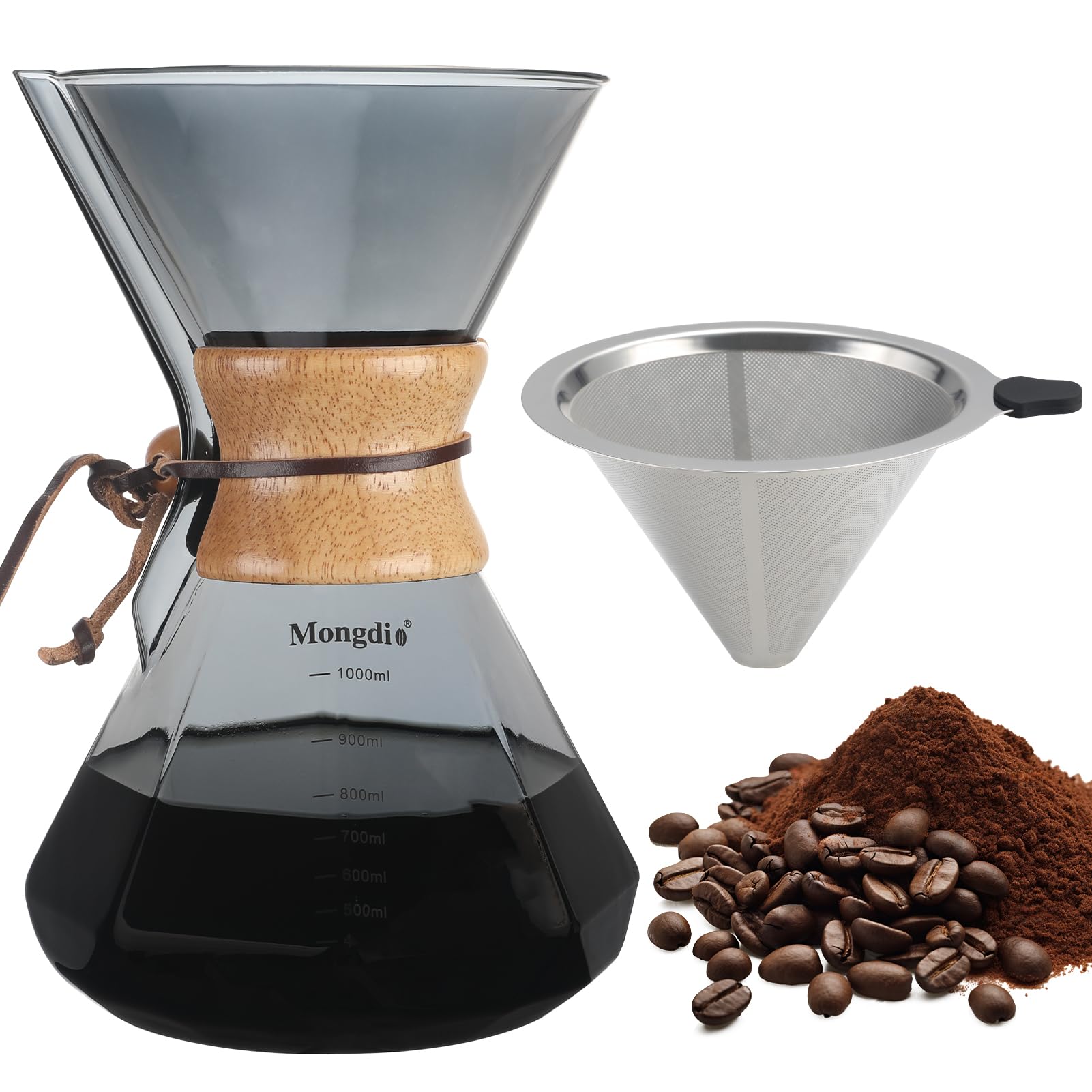 Mongdio 34 Oz Pour Over Coffee Maker with Stainless Steel Filter and Wooden Collar Holder, Borosilicate Glass Coffee Maker for Camping Home, Gray