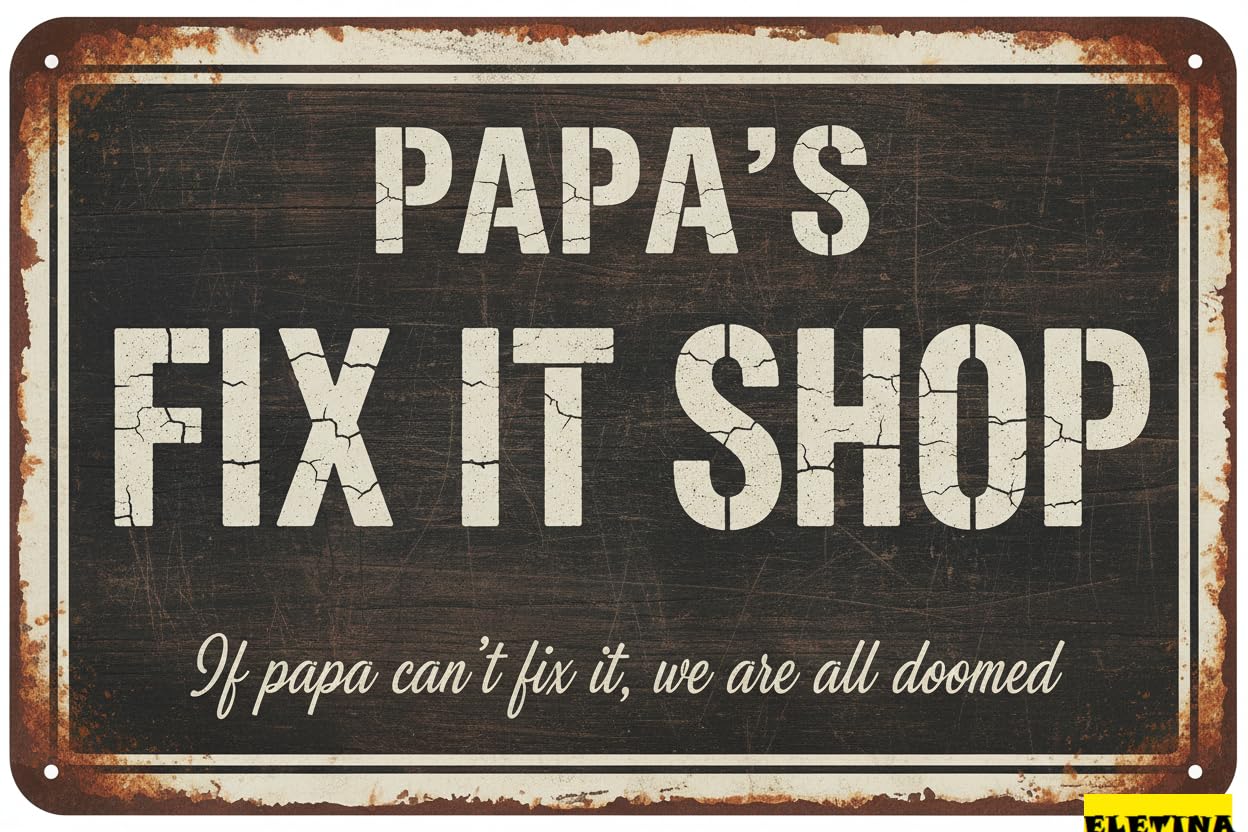 Vintage Metal Tin Sign for Man Cave Papa's Fix-it Shop En Wall, 8x12 Inch, Papa's Workshop