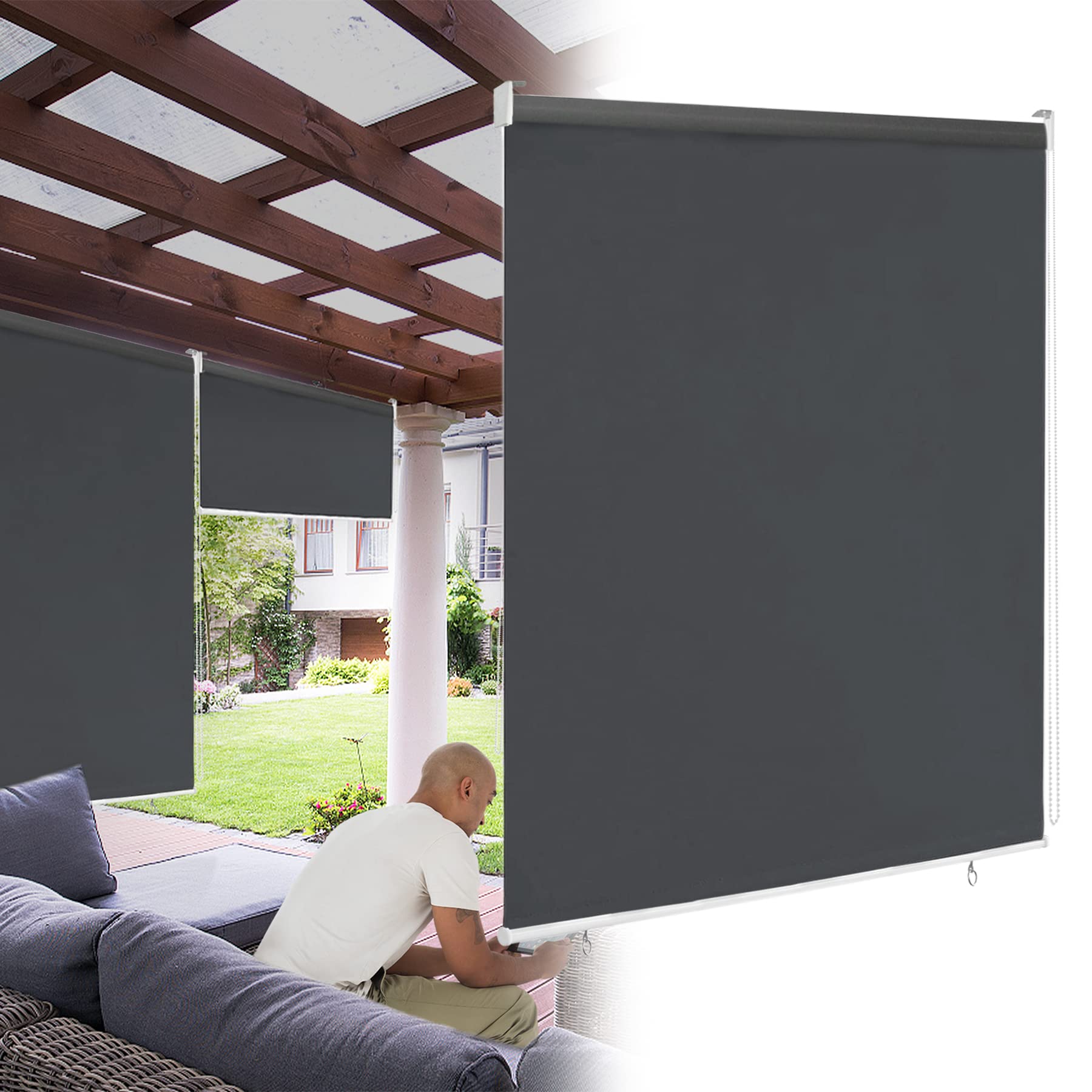 Außenrollo Senkrechtmarkise Sichtschutzrollo, Sonnenschutz, Wetterfest, Verdunkelungsrollo, Fensterrollo Balkonrollo für Fenster & Tür(180x140 cm,Anthrazit)