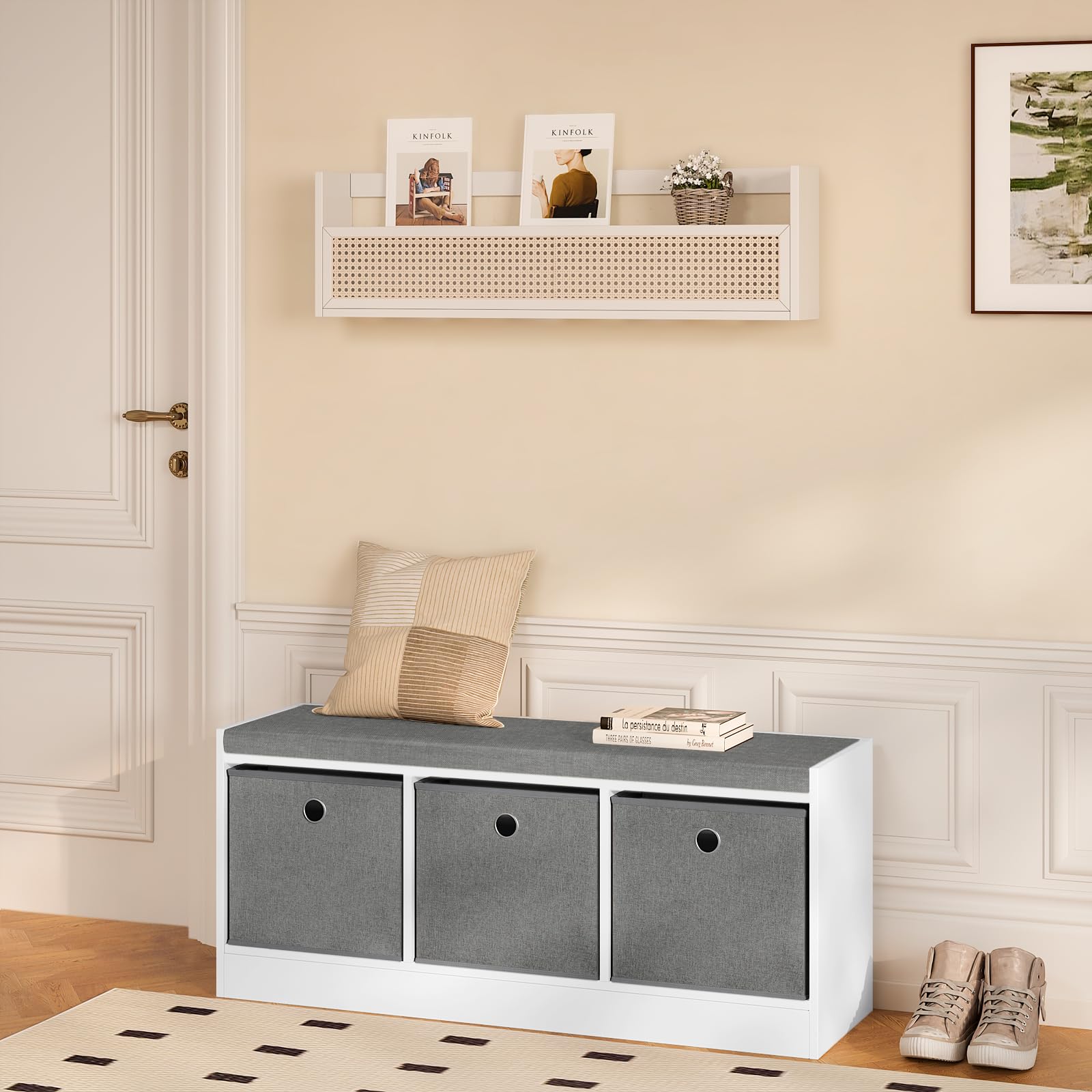 WOLTU Pouf Contenitore, Mobile da ingresso con 3 cassetti in Tessuto, Panca portascarpe con Sedile Imbottito, Scatola Portaoggetti Ottomana, per Soggiorno, Bianco+Grigio