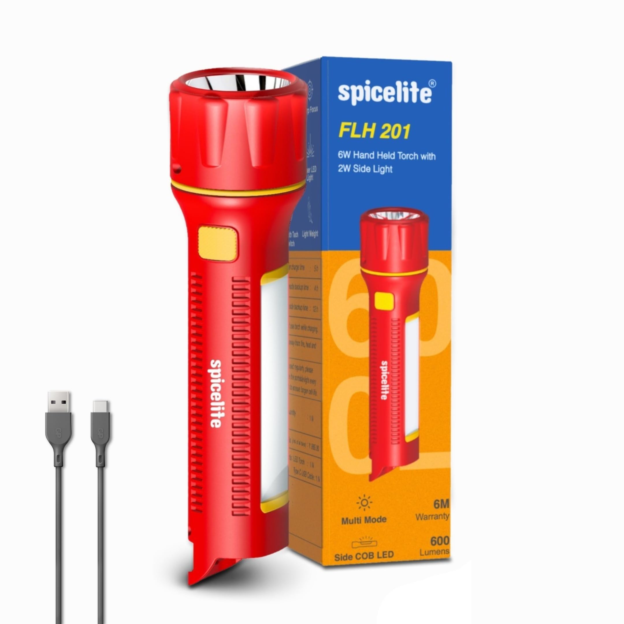 Spicelite FLH 201 LED Torch | 11+ Hours Runtime | USB-C Rechargeable | Multi Light Mode | SOS Mode | 600 Lumens with 1KM Beam | Multicolour
