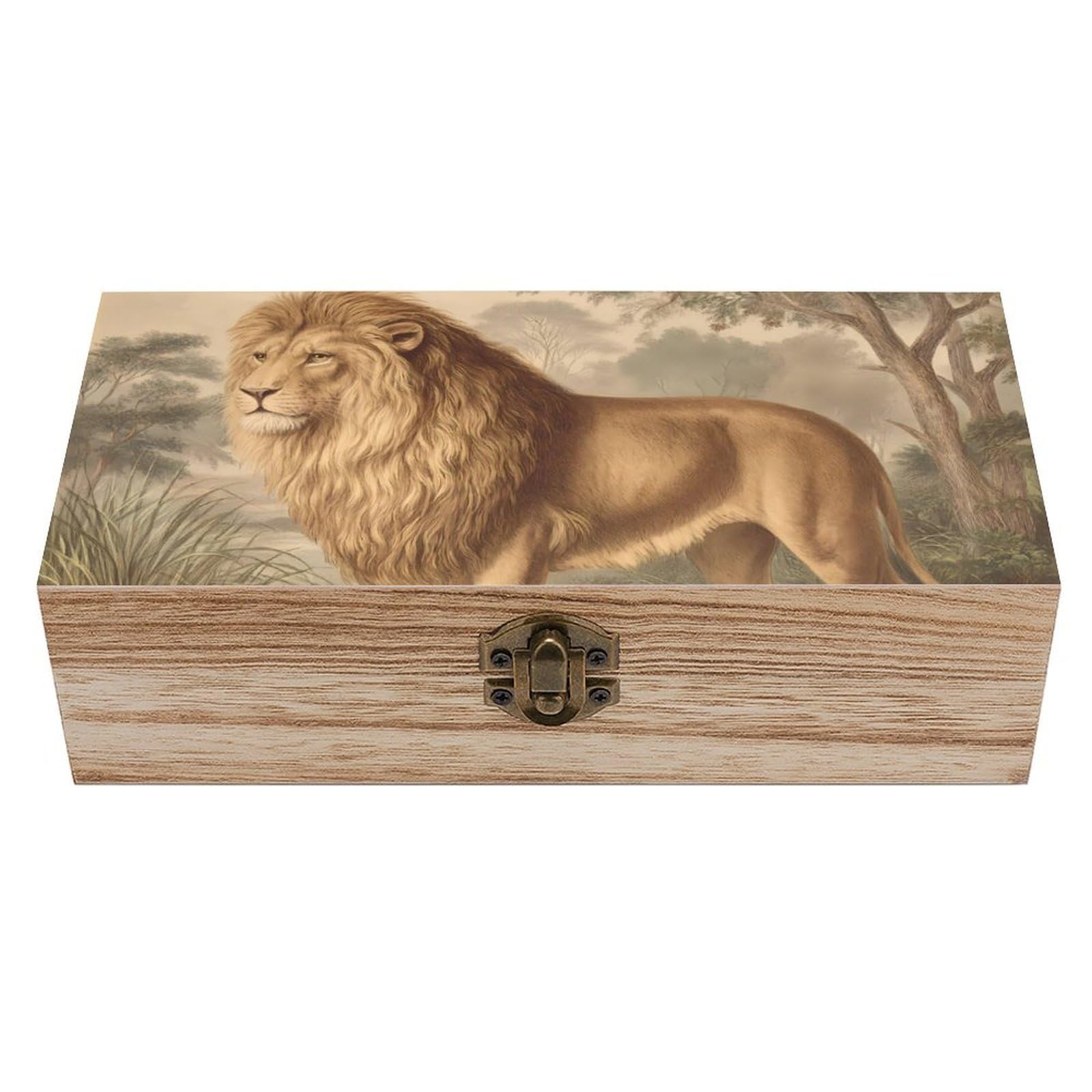 HLBSDM Vintage Lion in The Wild Wooden Storage Box Craft Memory Keepsake Treasure Chest Box Jewelry Organizer