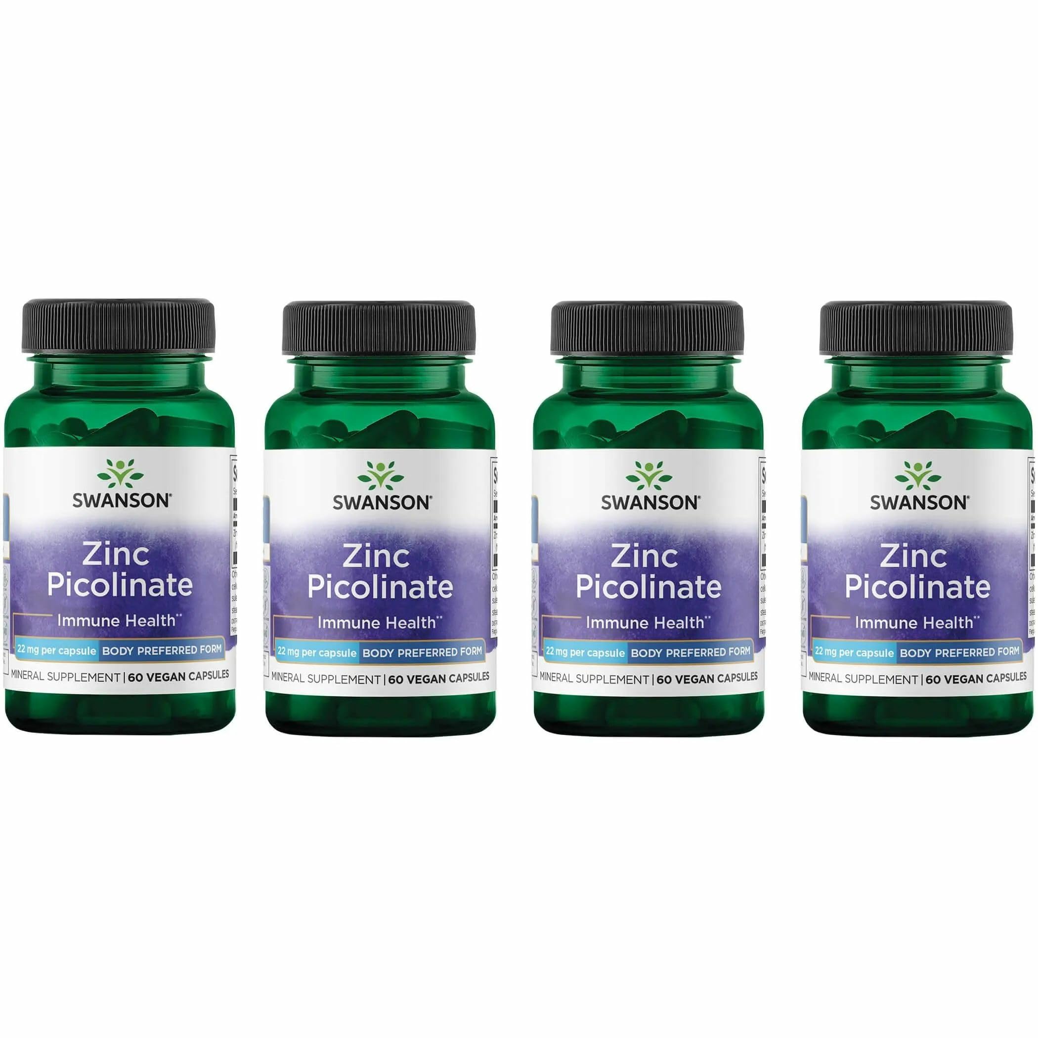 Swanson Zinc Picolinate Chelated Mineral, 22 mg, 60 Vegan Capsules, 4 Pack 60 Count (Pack of 4)