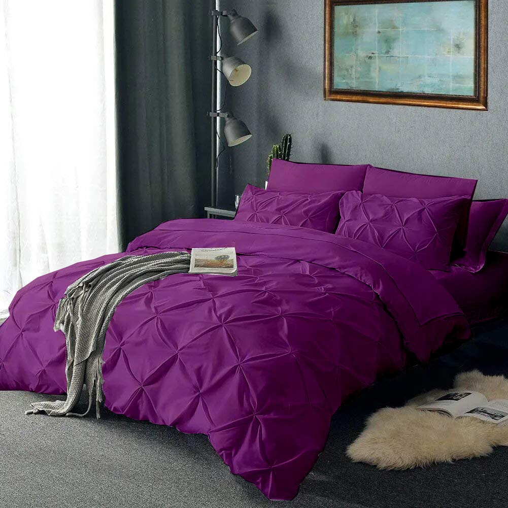 EBEDDY LINENS Pinch Pleated Pintuck 3PC Duvet Cover Set Zipper & Corner Ties Egyptian Cotton 1 Duvet Cover with 2pc Pillowcase Double 90x100 Inch, Purple