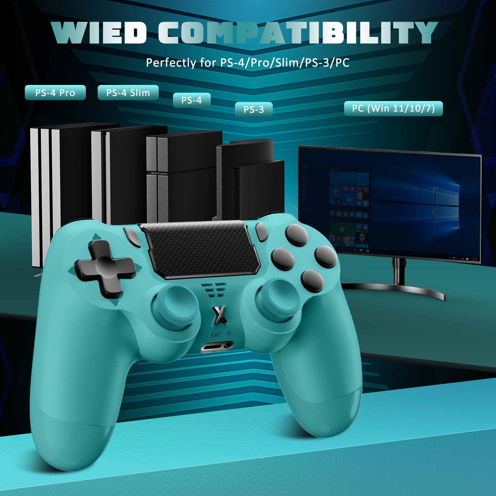 Glitfix Wireless Controller für PS-4, Game Controller kompatibel mit PS-4/Pro/Slim/PC Gamepad mit Turbo/Zurück Taste/Dual Vibration/6-Achsen Gyro Sensor/Touchpanel(Blau-grün)