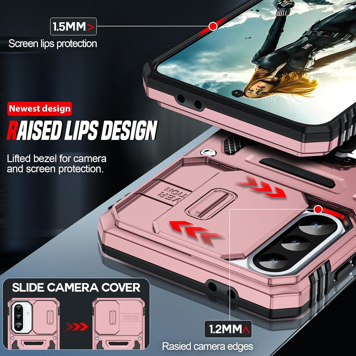 LeYi Samsung A36 A56 5G etui z 2 x szkło hartowane etui ochronne na aparat [Slidable] z pierścieniem podtrzymującym, odporny na wstrząsy futerał TPU do Samsung Galaxy A 56/36, różowe złoto