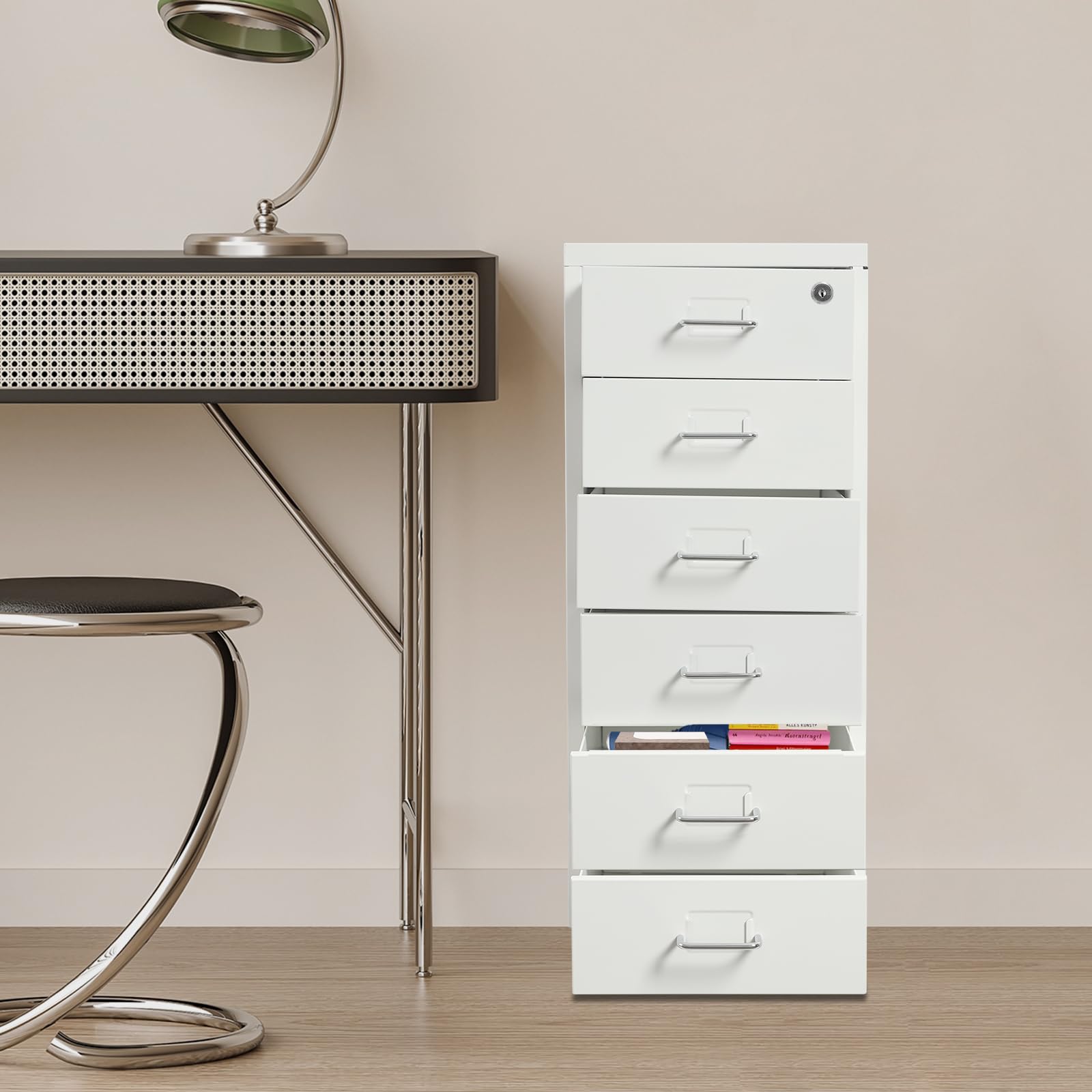 Cassettiera con 6 cassetti, armadietto da ufficio con ruote, in metallo, per ufficio, studio, bianco
